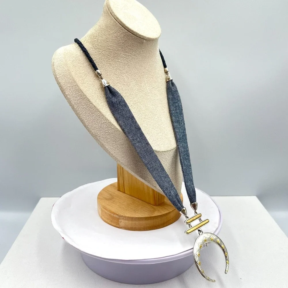 Vintage Mixed Metal Crescent Tusk Necklace Denim Fabric & Braided Cord Statement